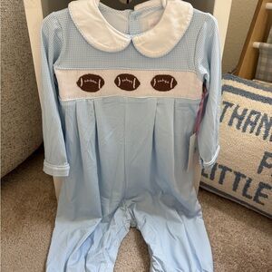 Cecil & Lou Blue Gingham Baby Romper with Football Design
